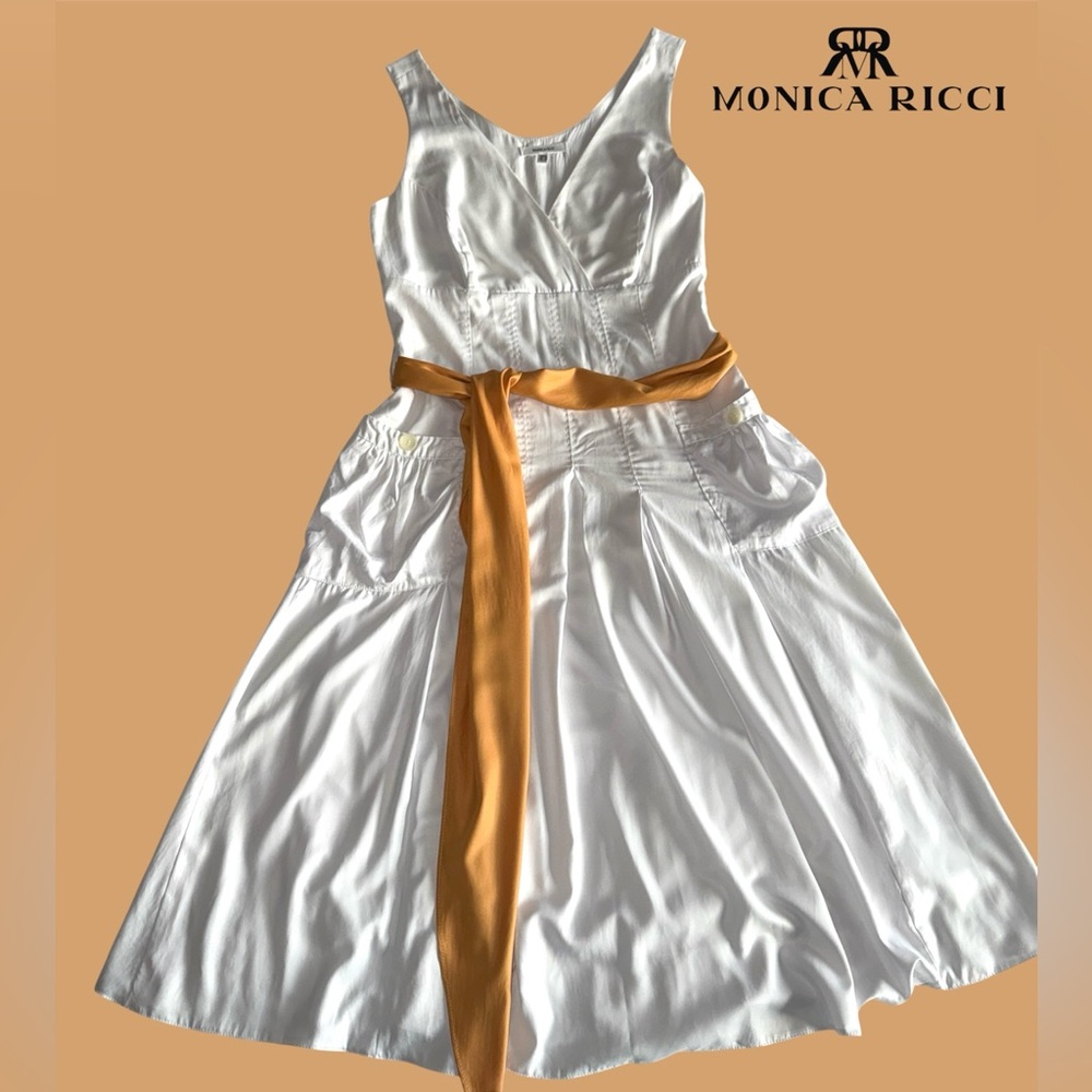 🛍️SALE🛍️ Monica Ricci White V-Neck Sleeveless Midi Dress with Tan Waist Sash - Picture 4 of 8